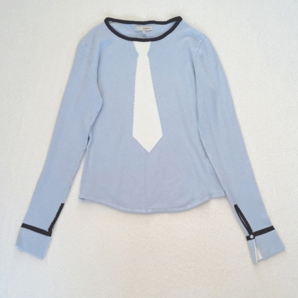 Vintage Laurie B. Blue Neck Tie Knit Top Elegant Pearl Button Split Cuffs S